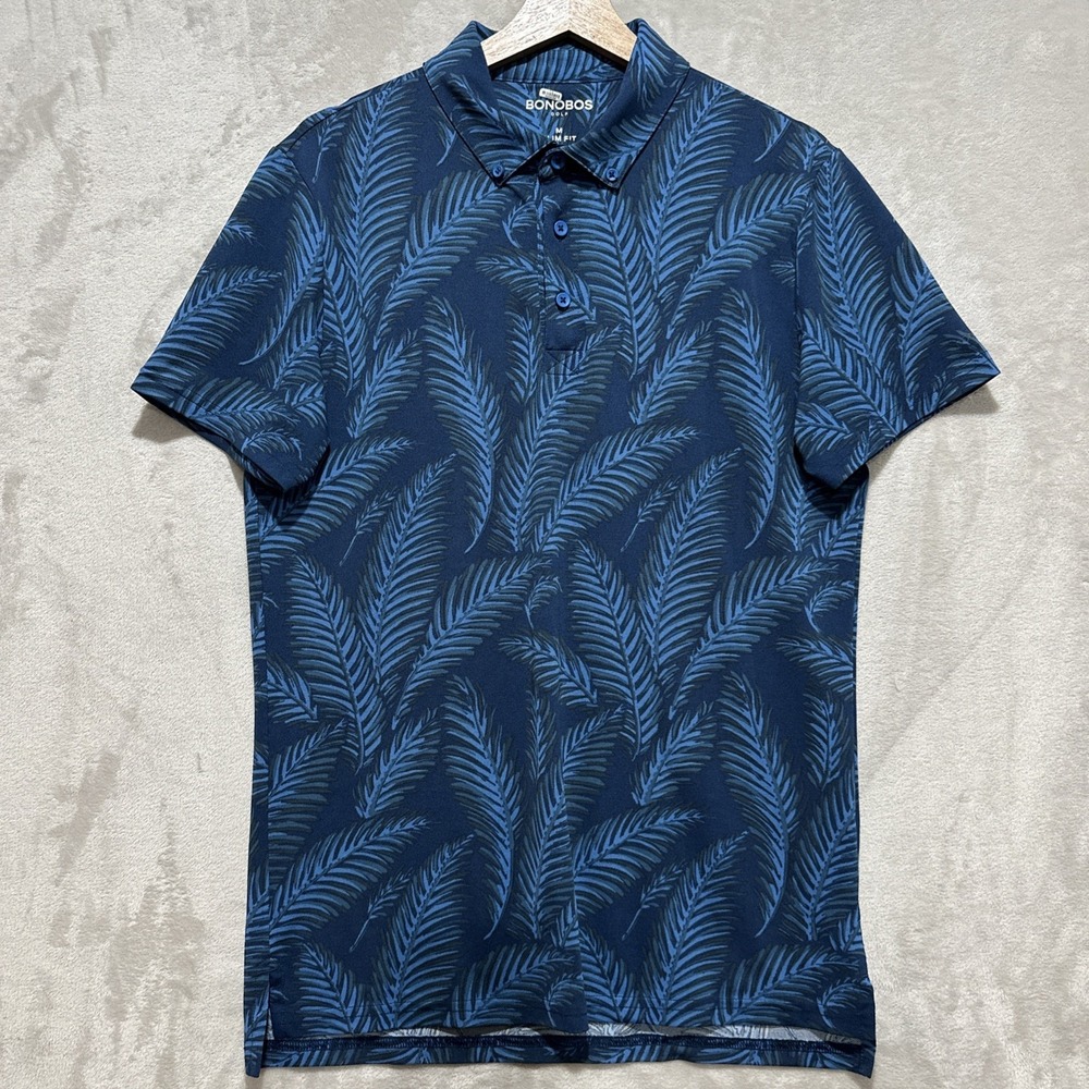 Bonobos Golf Slim Fit Polo Shirt Men's Size M Blue Palm Print Short Sleeve